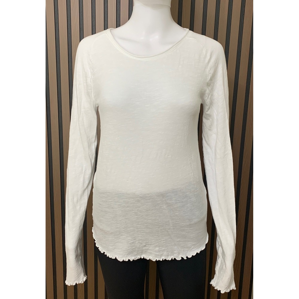 We The Free Free People White Slub Cotton Lettuce Edge Long Sleeve Top Large